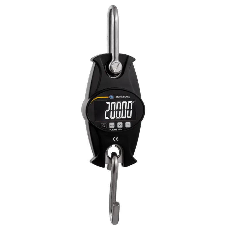 Digital hanging scale with a black casing and silver hooks on a white background