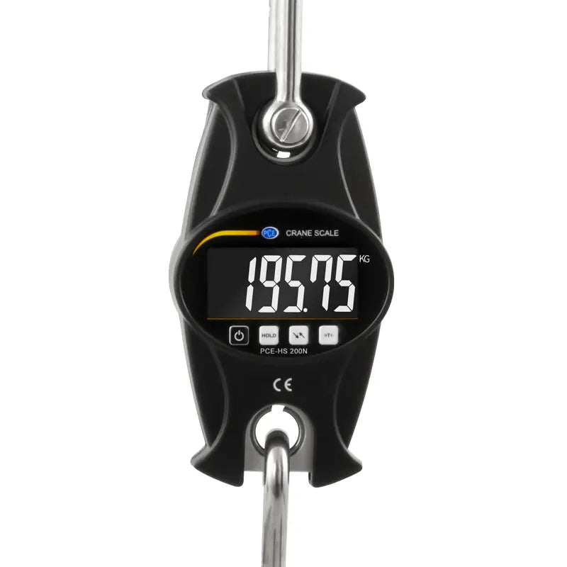 Digital crane scale with a black casing and digital display on a white background