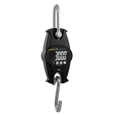 Digital hanging scale with a black casing and digital display on a white background