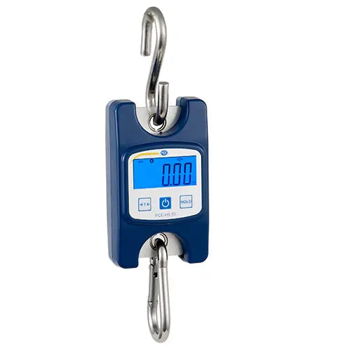 Digital hanging scale with blue display on a white background