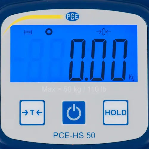 Digital scale with blue display and PCE branding