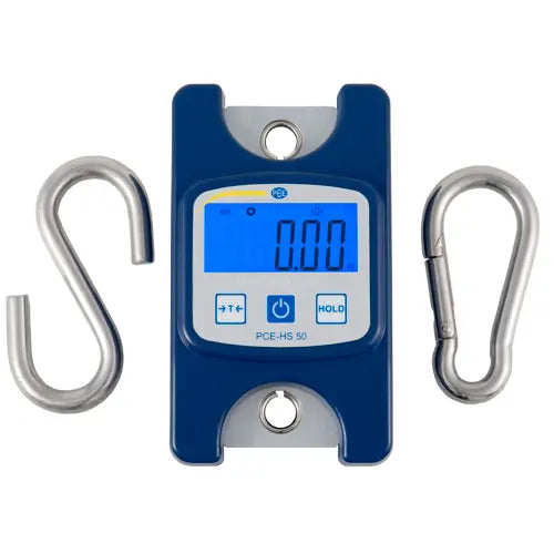 Digital hanging scale with blue display and metal hooks on a white background