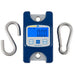Digital hanging scale with blue display and metal hooks on a white background