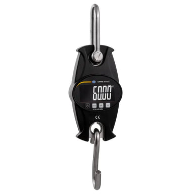 Digital hanging scale with a black casing and silver hooks on a white background