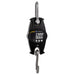 Digital hanging scale with a black casing and silver hooks on a white background
