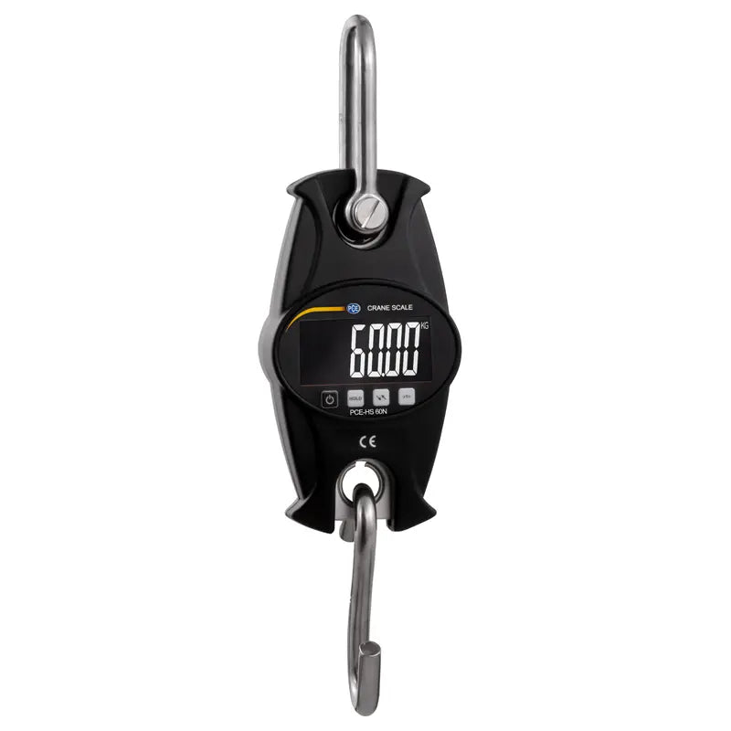 Digital hanging scale with a black casing and silver hooks on a white background