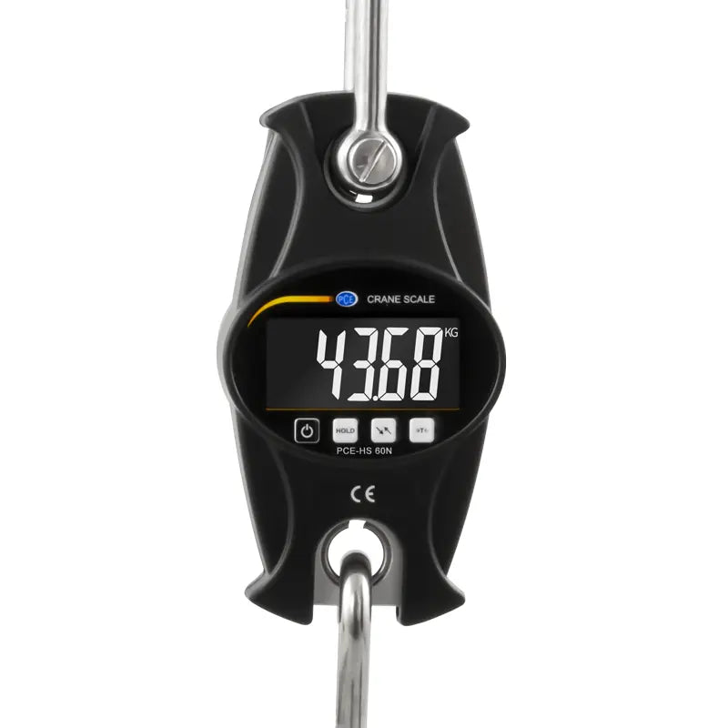 Digital crane scale with a black casing and digital display on a white background