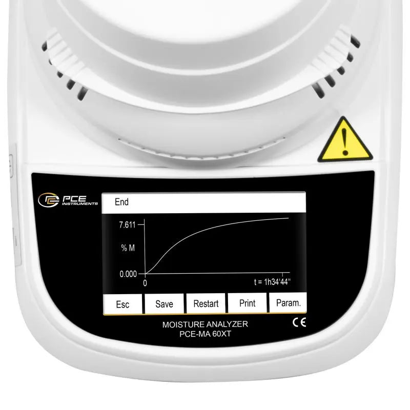 Moisture analyzer with digital display and warning label on a white background