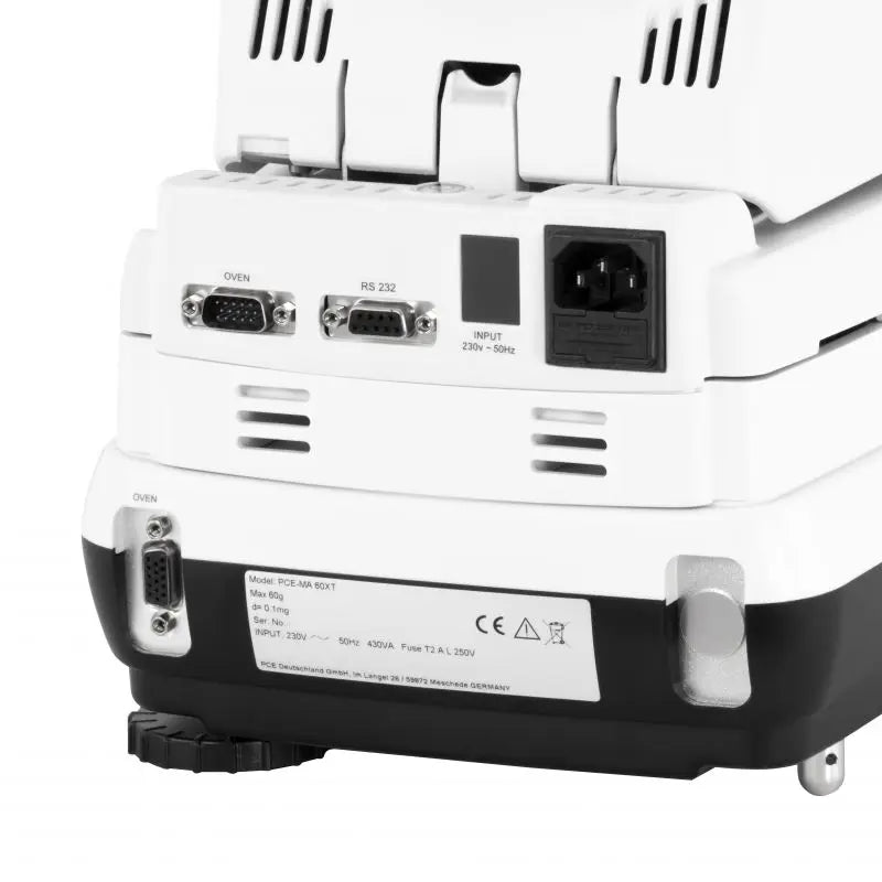 Back view of a moisture analyzer with various ports and labels on a white background