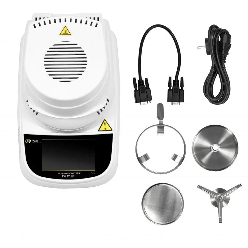 moisture analyzer with various attachments on a white background