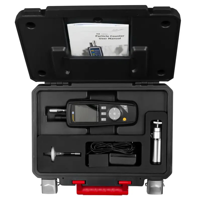 Particle counter with accessories in a black carrying case on a white background