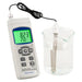 Digital pH meter with a beaker containing a solution and probe on a white background