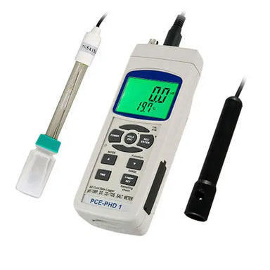Digital pH meter with two probes on a white background