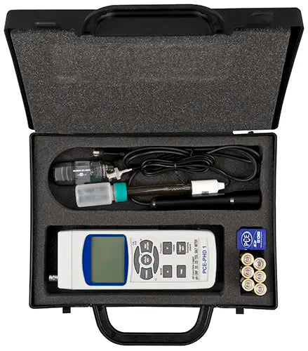 Scientific measurement device with accessories in a black carrying case on a white background