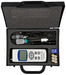 Scientific measurement device with accessories in a black carrying case on a white background