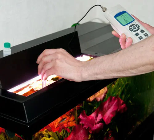 Person using a pH meter to measure pH levels in an aquarium with plants and fish.