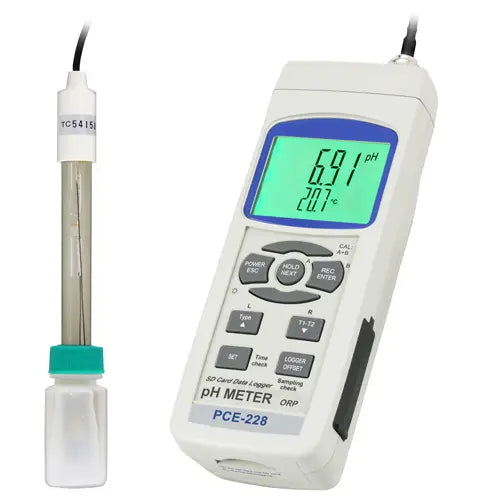 PH meter with digital display on a white background