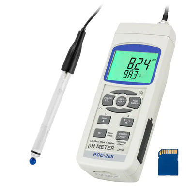 Digital pH meter with a probe on a white background