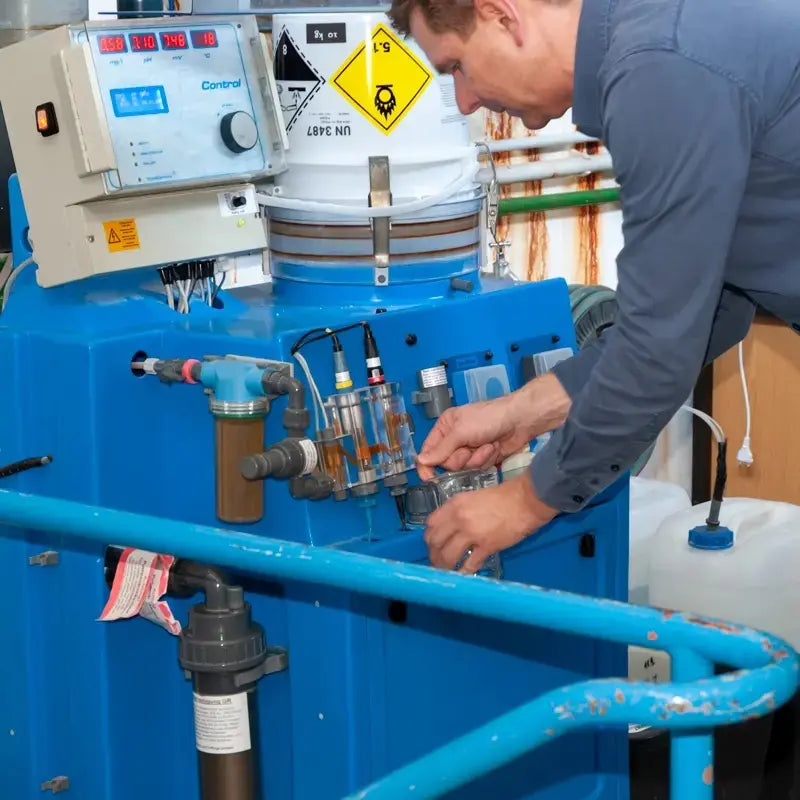 Person working on a blue industrial machine with various components and controls.