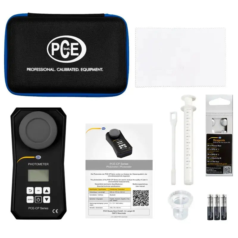 PCE photometer set with carrying case, accessories, and documentation on a white background
