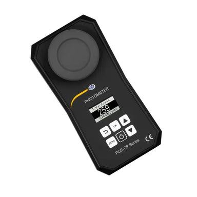 Black photometer with digital display on a white background