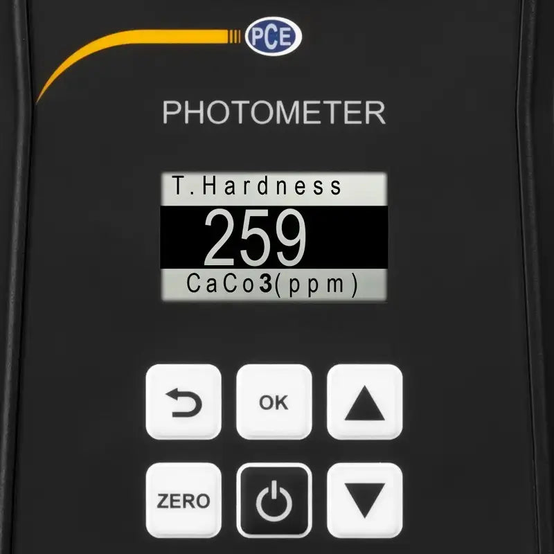 Photometer displaying T. Hardness measurement with PCE logo