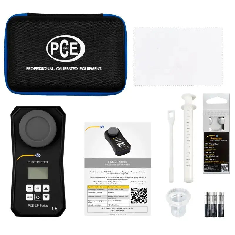 PCE photometer set with carrying case, accessories, and documentation on a white background