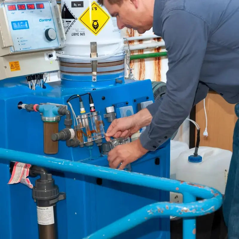 Person working on a blue industrial machine with various components.