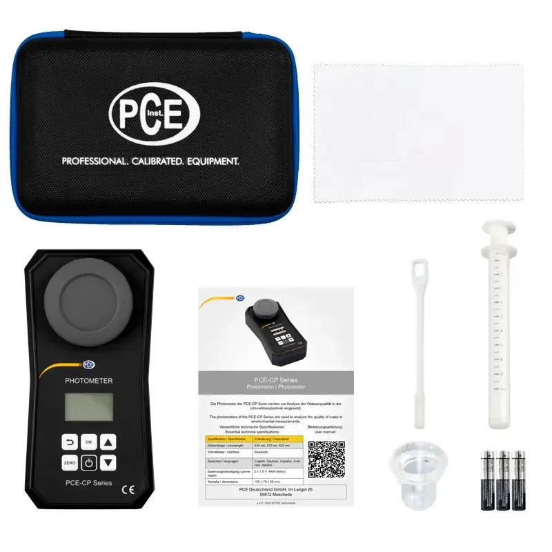 PCE photometer set with carrying case, accessories, and documentation on a white background