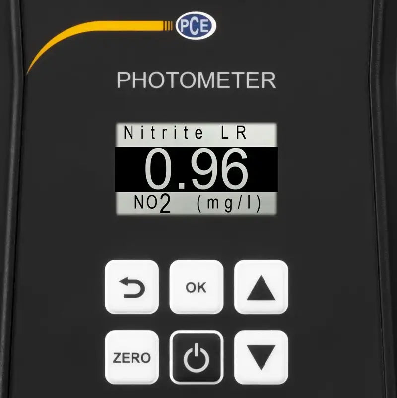 Photometer displaying nitrite levels with PCE logo