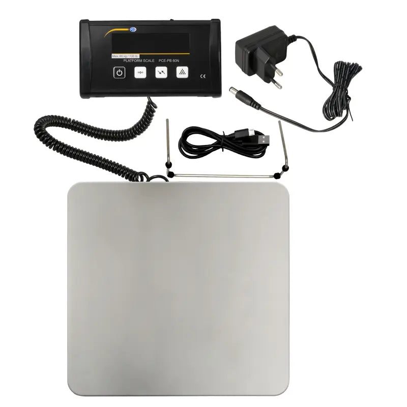 Platform scale with digital display, power adapter, and cable on a white background