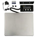 Digital scale with display, power adapter, batteries, and mounting bracket on a white background