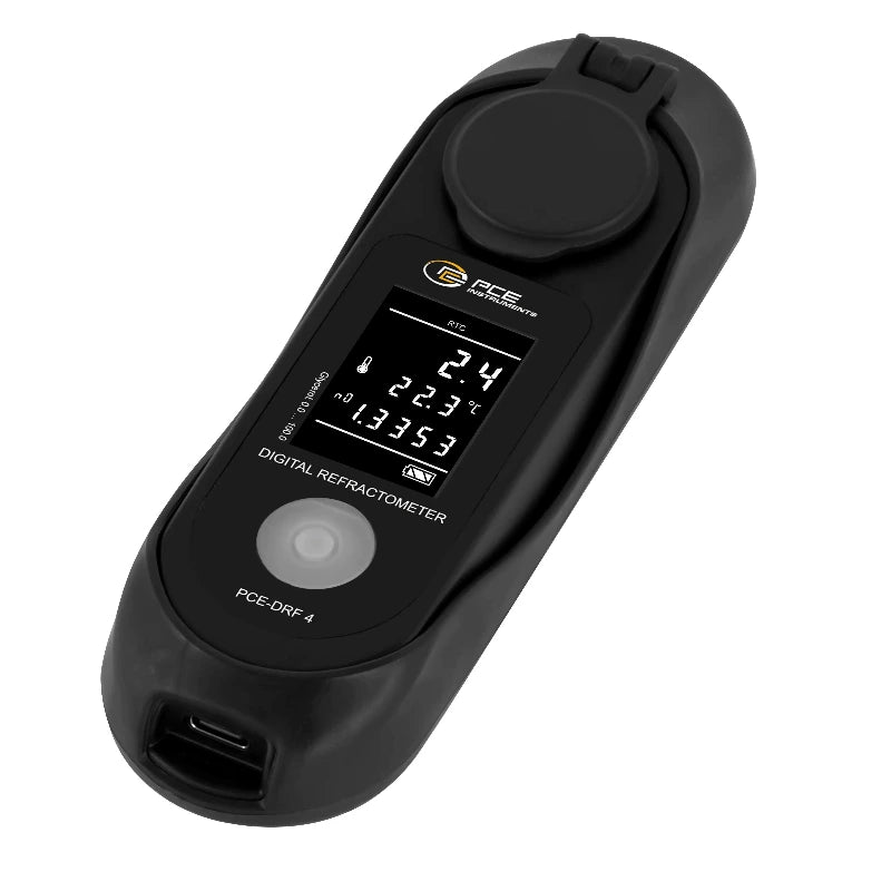 Black digital refractometer with display on a white background