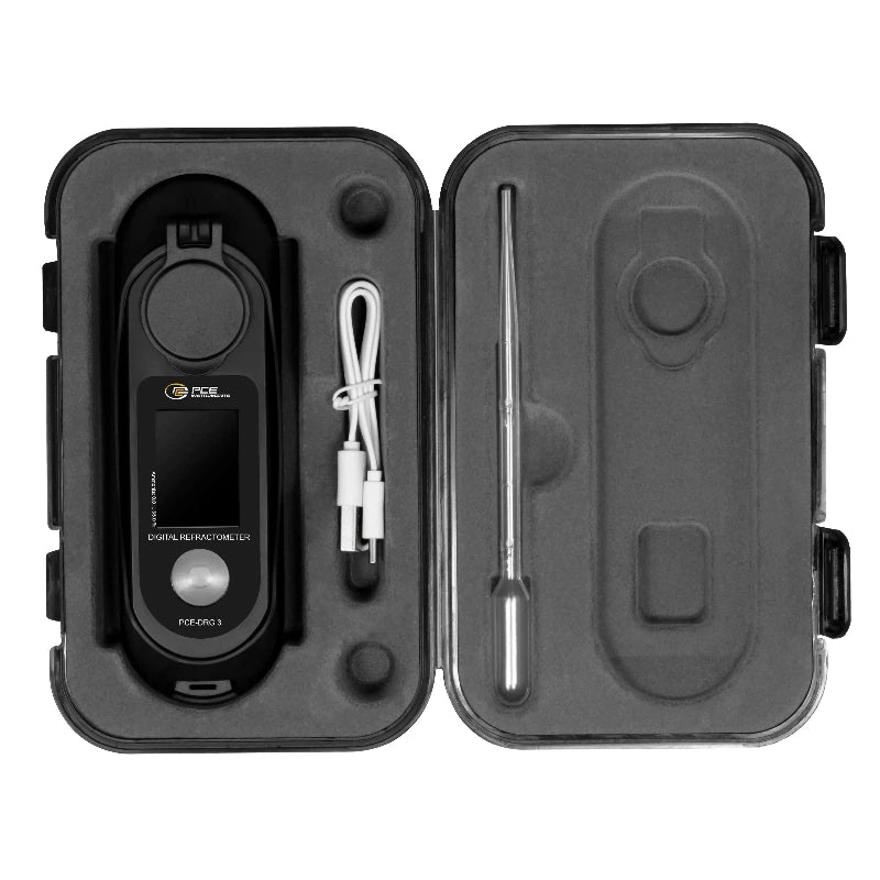 Black digital refractometer with accessories in a open case on a white background
