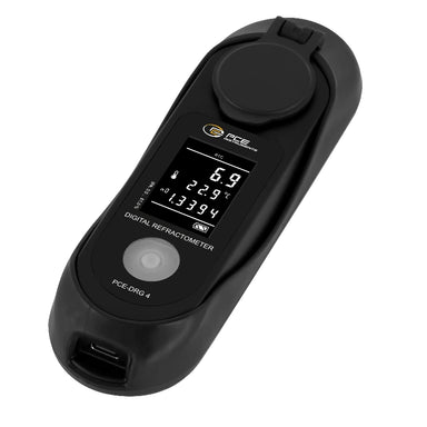 Black digital refractometer with display on a white background