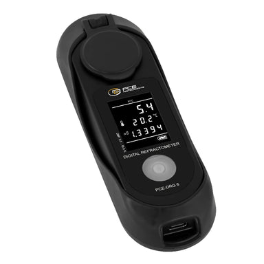 Black digital refractometer with USB port on a white background