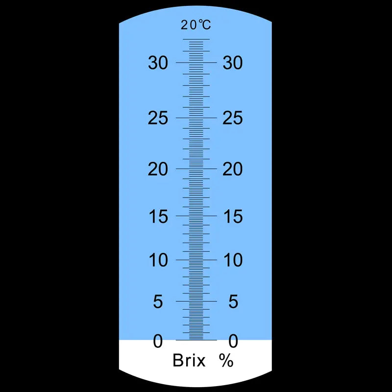 Sugarcane meter with temperature and brix percentage scale on a black background