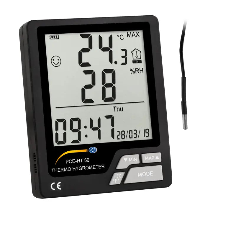 Digital thermometer and hygrometer with temperature and humidity display on a white background