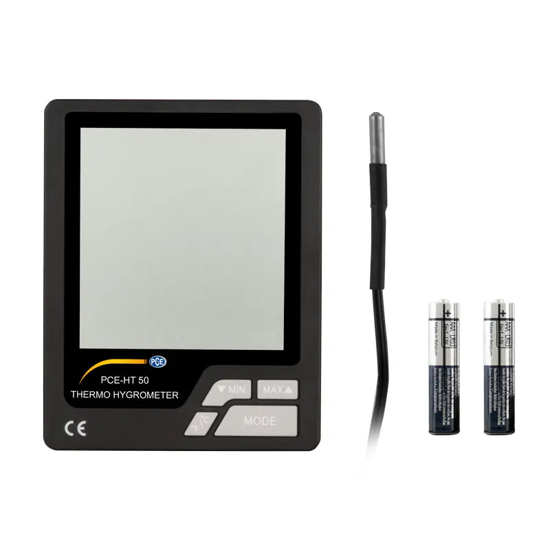 Thermo-hygrometer with sensor and batteries on a white background