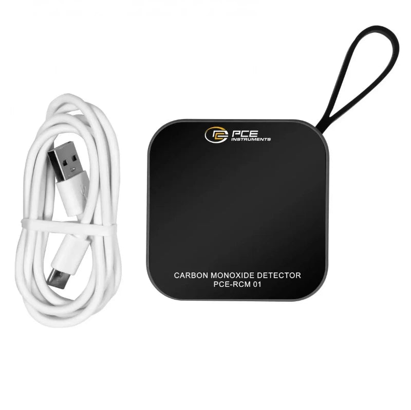 Carbon monoxide detector with USB cable on a white background