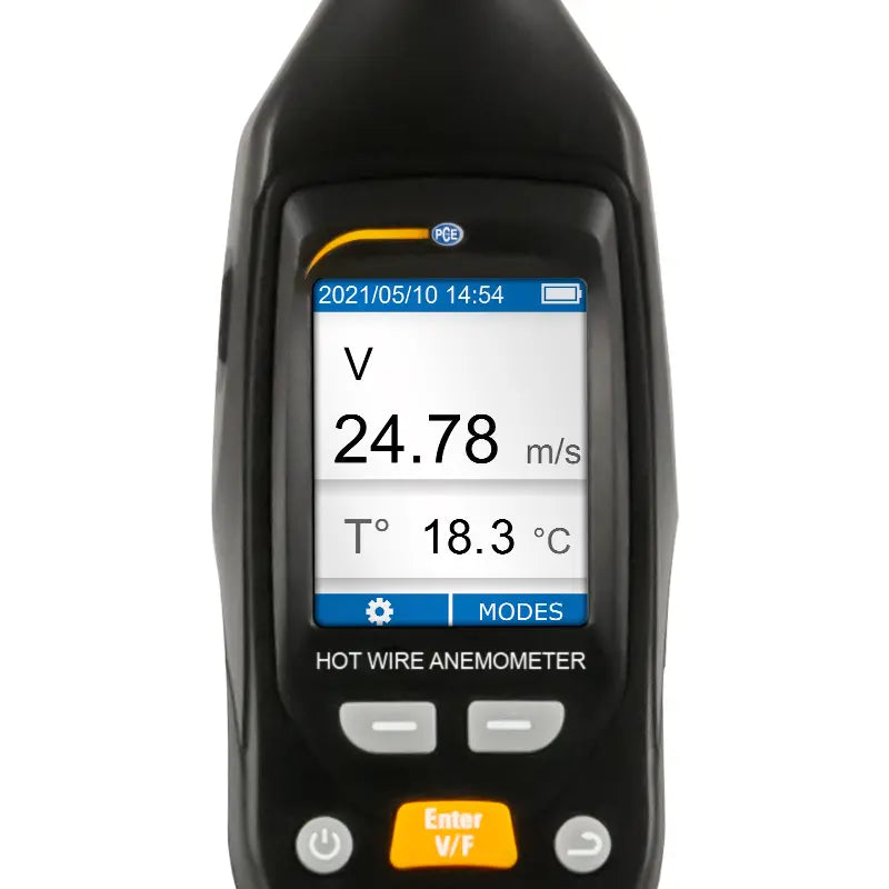 Hot wire anemometer with digital display on a white background