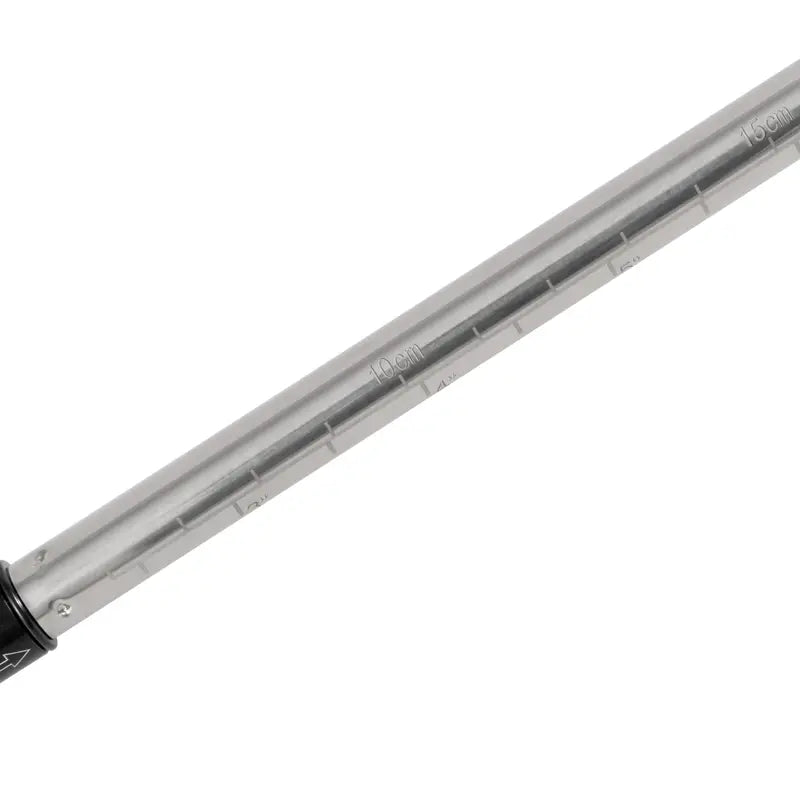Close-up of a metal rod with measurement markings on a white background
