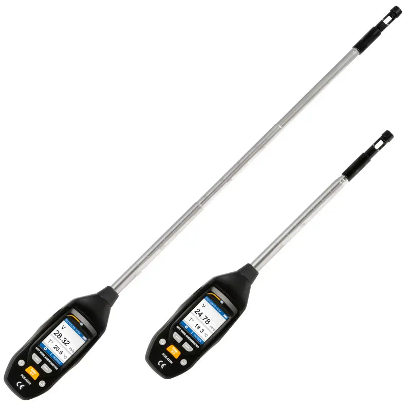 Two digital thermometers with long probes on a white background