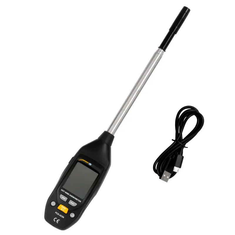 Digital thermometer with a long probe and USB cable on a white background
