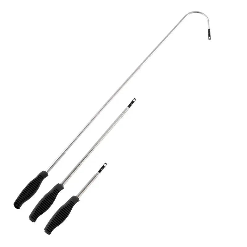 Set of three telescopic rods with black handles on a white background