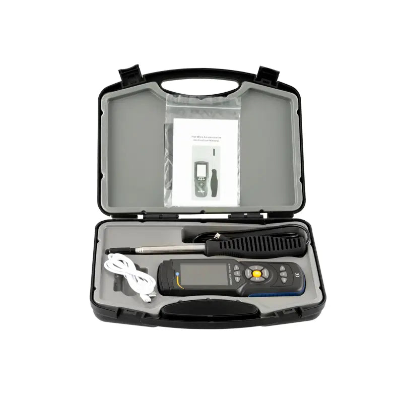 Portable anemometer with accessories in an open case on a white background