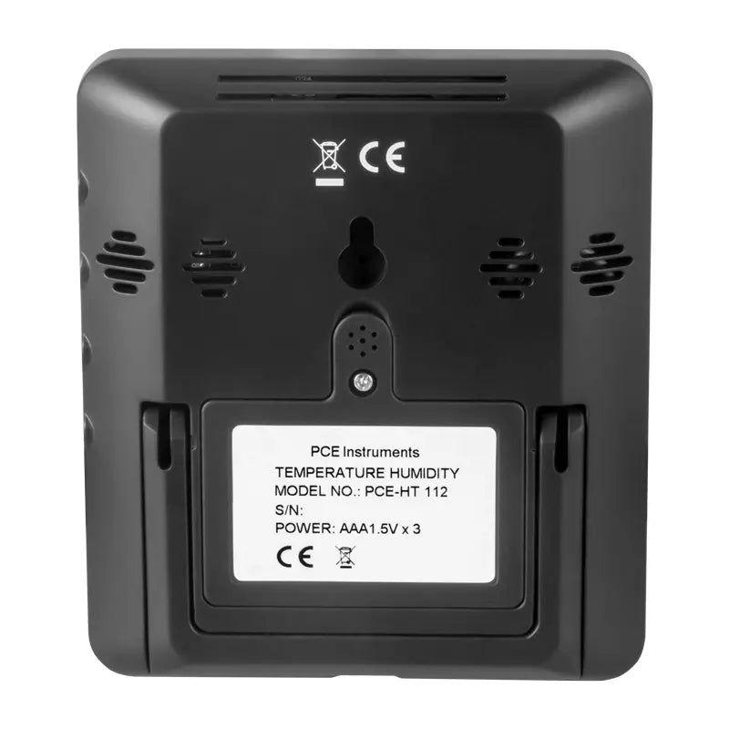 Back view of a black temperature and humidity monitor with branding and specifications.