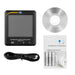 Temperature humidity data logger with USB cable, batteries, and user manual on a white background