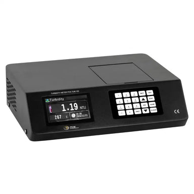 Black turbidity meter with digital display on a white background