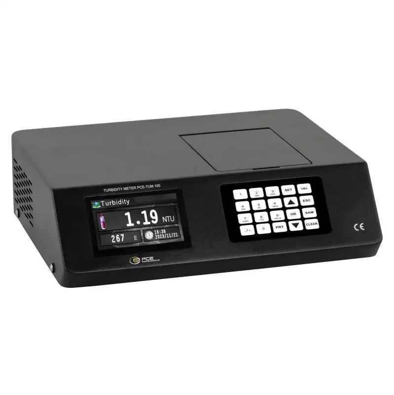Black turbidity meter with digital display on a white background
